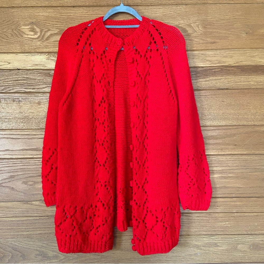 Vintage 80s handmade red crochet button front cardigan sweater